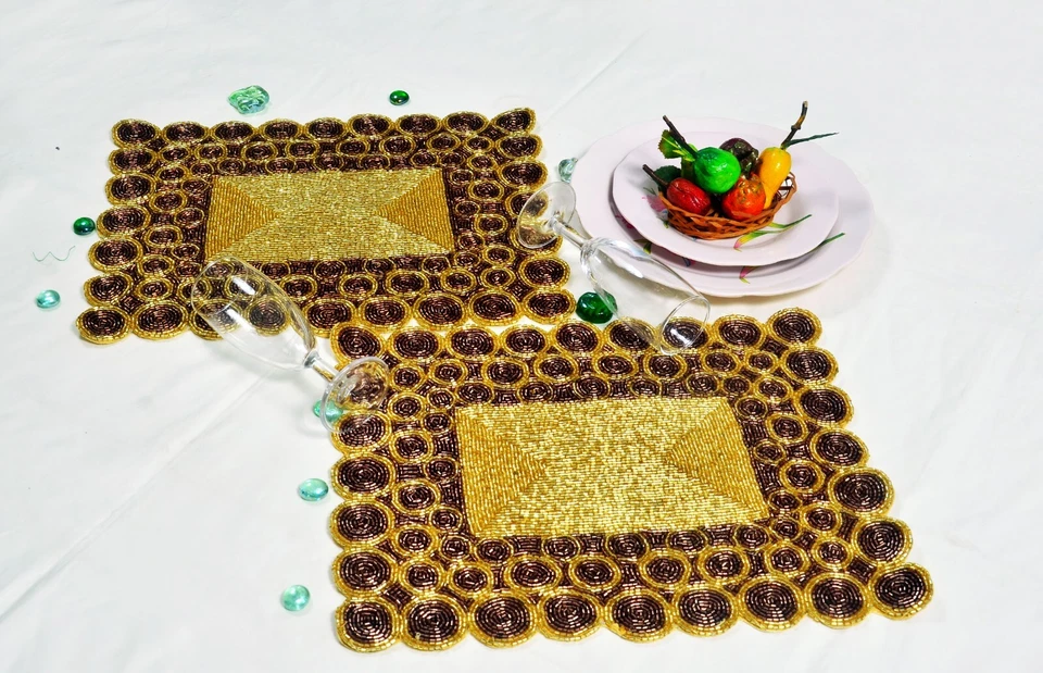 Set Of 6 Placemat Gold And Copper Beaded Placemat Designer Charger Plate 12X14In - Image 4 of 4