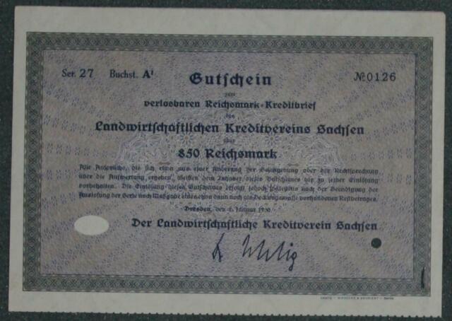 Landwirtschaftlicher Kreditverein Sachsen Gutschein Serie 27 Buchst. A1 850 RM