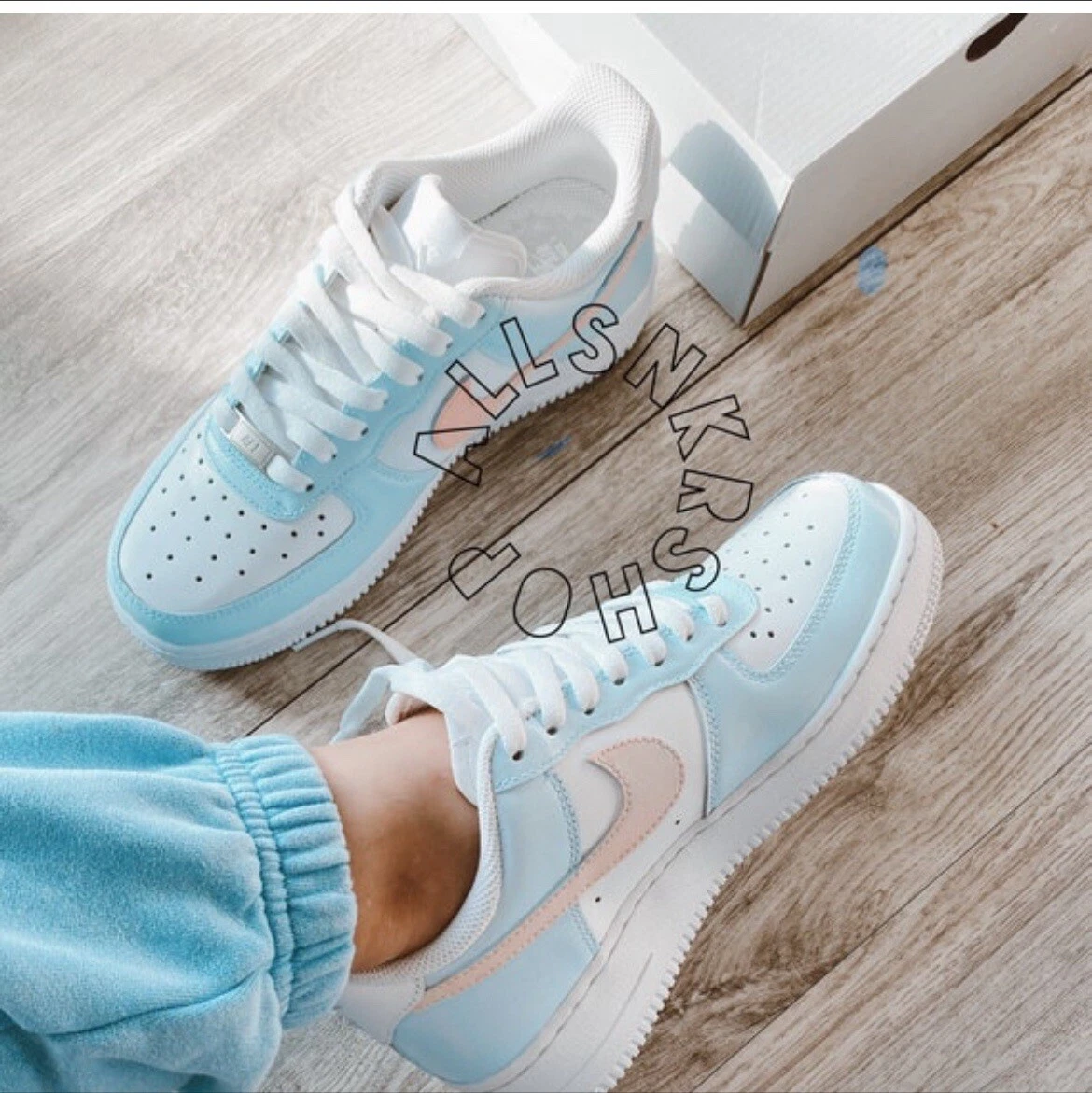 Custom painted nike air force 1 low baby blue/ pink swoosh