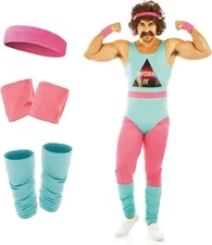 Men`s 80`s Fitness Instructor Costume Adult Retro Leotard Aerobics Bodysuit