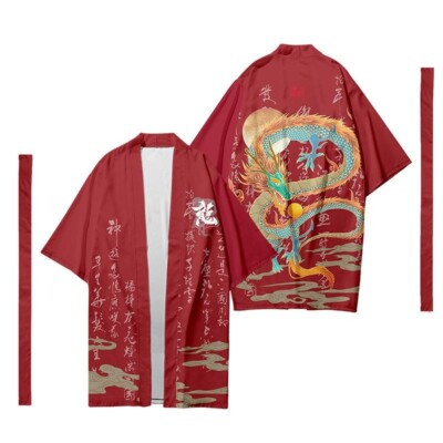 Men Long Kimono Coat Cardigan Yukata Outwear Bathrobe Top Dragon Japanese