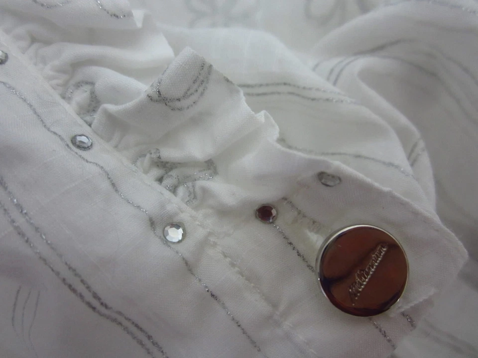 Millenium 女式 M 白色银色花卉荷叶边棉质衬衫水钻 — 第 2/4 张图片