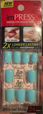 Impress Gel Manicure Press on Nails Short Aqua blue w/ jewel gem