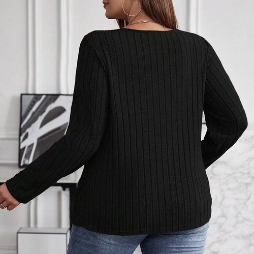 Plus Size Women Solid V-Neck Long Sleeve Top Casual Knit Blouse T-Shirt Pullover - Picture 5 of 21