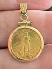 1/10 oz fine gold American Gold Eagle $5 Coin. 14K Gold Bezel Pendant