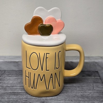 Rae Dunn Love Is Human Yellow Ceramic Mug with Multi Color Heart Lid topper 18oz
