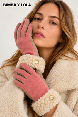 BIMBA Y LOLA Women's Pink Faux Suede Gloves Faux Fur Cuffs Logo Button OS