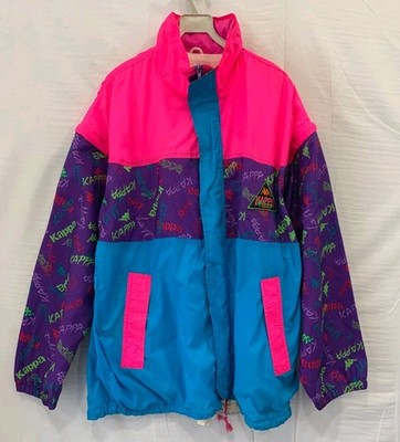 Vtg Kappa Windbreaker Jacket Neon Colorblock Graphic Logo Made in Italy L #111