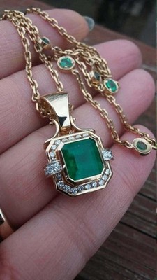 14K Yellow Gold Finish 18'' Chain 2.70Ct Asscher Cut Emerald Diamond Halo Pendant