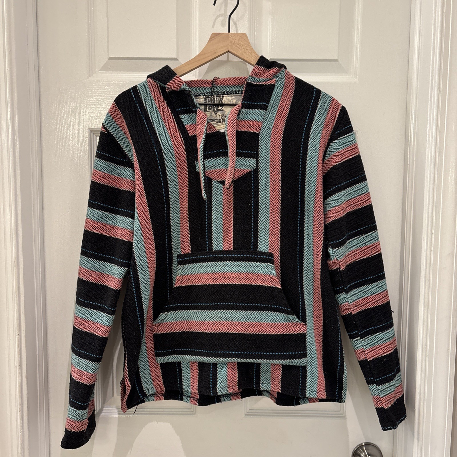 Original Senor Lopez Blanket Hoodie Mexican Baja Hooded Pullover Surf Poncho L