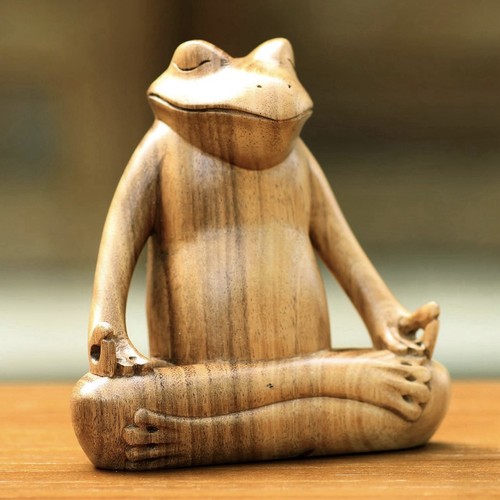 Novica Wooden Statuette Meditating Frog Suar Wood Handmade by Artist