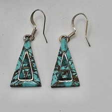 Handcrafted Sterling Silver Triangular Inlay Dangle Earrings Turquoise & Matrix 