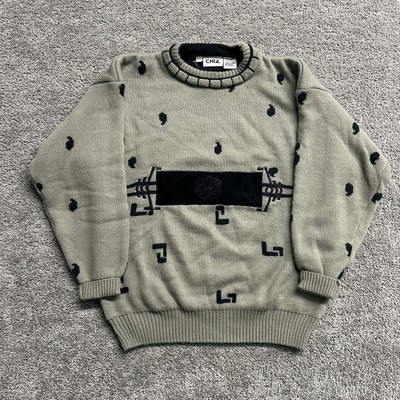 Vintage 90s Chia Crewneck Sweater Beige Comma Pattern Grunge Taiwan Large L VTG