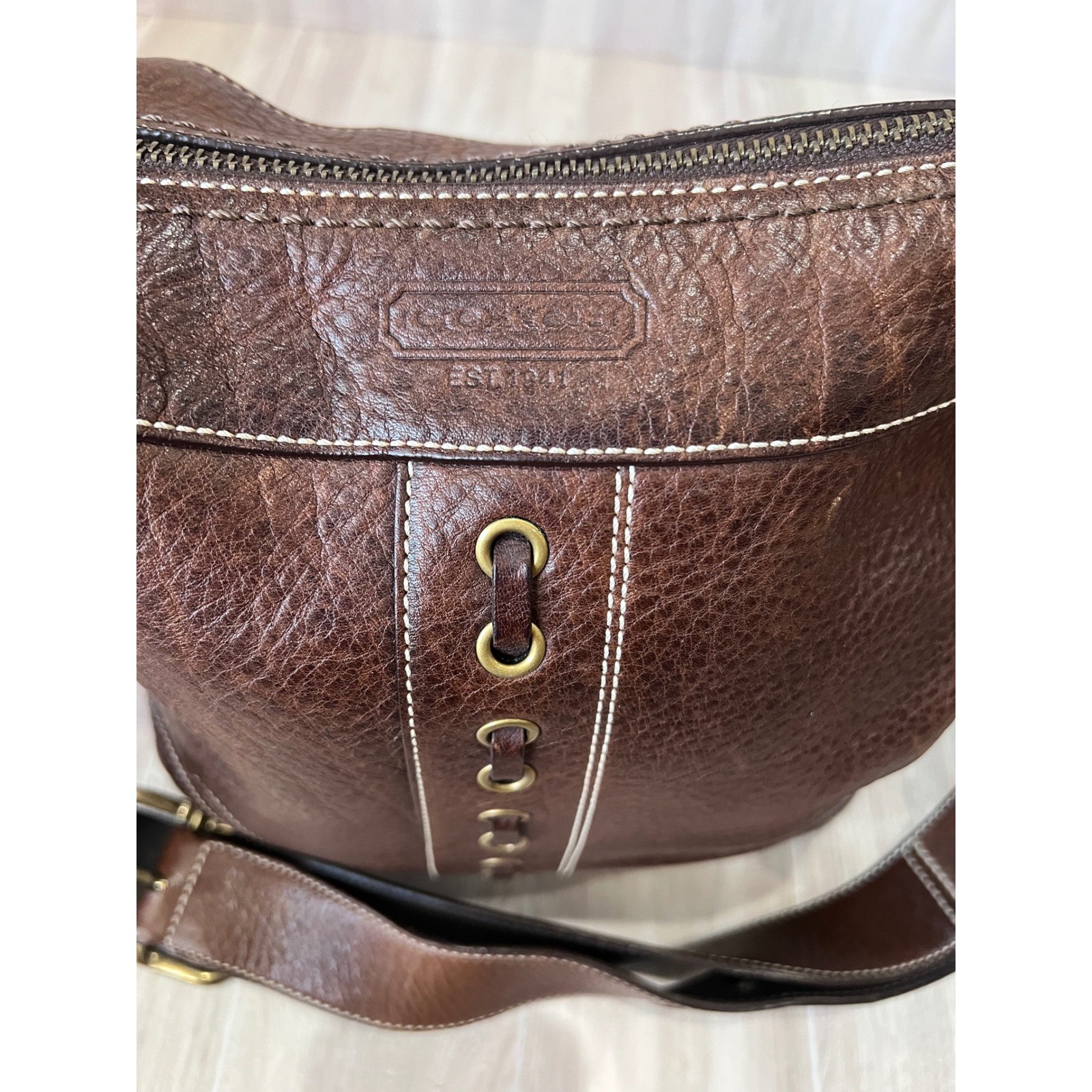 Coach Leather Crossbody Bag Hobo Style Brown Brass Hardware