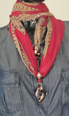 Dingxiu Charm Scarf Wrap Red & Gold Marble Brown Design 