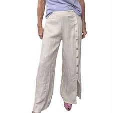 Vintage Italian Linen Wide Leg Pants XL Natural Button Front Coastal Chic