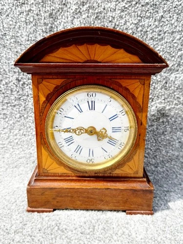 ANTIQUE WOODEN MANTEL CLOCK INLAY ROMAN NUMERALS MECHANICAL MOVEMENT HOME DECOR