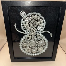 PEARL AND RHINESTONE 11" X 9" FRAMED JEWELRY ART SNOWMAN