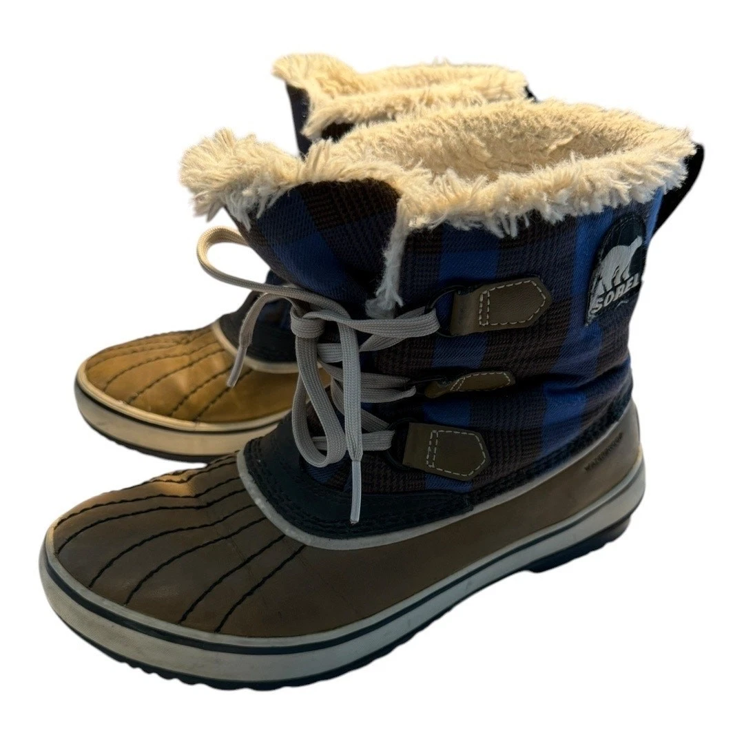 Sorel Winter Fancy Camp Waterproof Plaid Faux Fur Boots Blue Brown 7.5