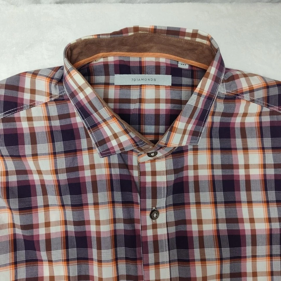 7Diamonds Shirt Mens Medium Purple Orange Plaid Sun Is Shining Long Sleeve Suede - Image 3 of 4
