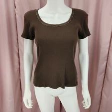 Style&Co. Women's Brown Cotton Knit Beaded Short Sleeve Shirt Top Medium