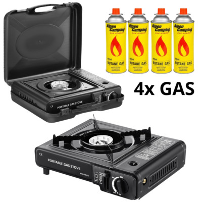 Campingkocher + 4x Butangas Outdoor Gaskocher Gaskartusche Hockerkocher Herd