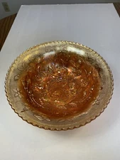 Vintage Imperial Marigold Carnival Glass Flowers Raised Rose Bowl  10"