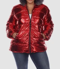 White Mark Women's Red Metallic Hooded Puffer Coat Jacket Plus Size 1XL