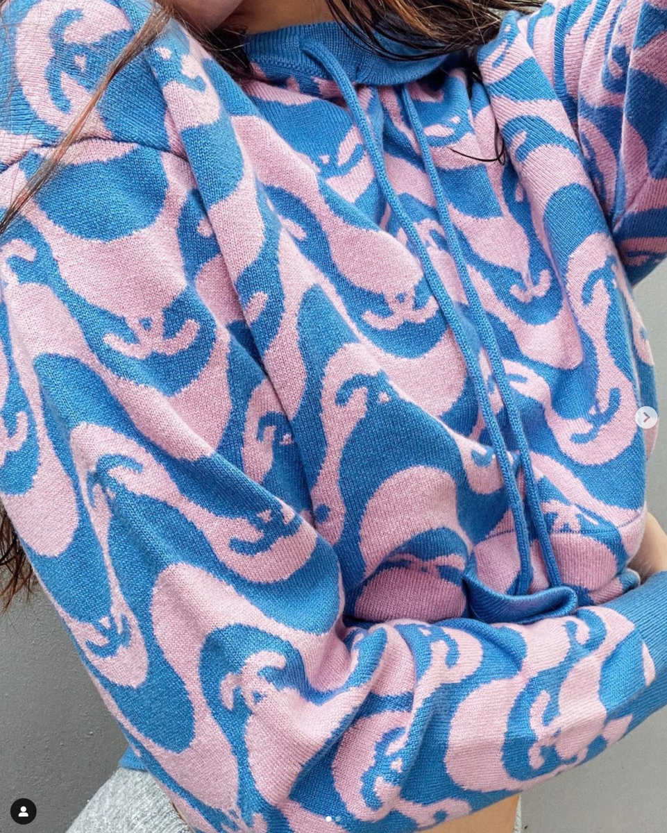 21P CHANEL BLUE PINK CC LOGO CASHMERE HOODIE PULLOVER SWEATER 36