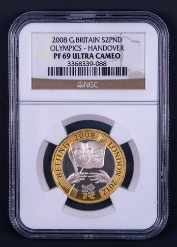 2008 NGC PF69 Ultra Cameo Great Britain Olympics Handover Silver 2 Pound DCB088
