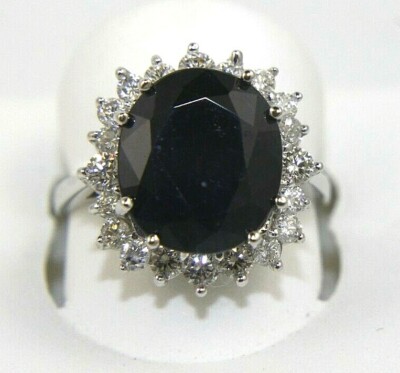 Natural Oval Blue Sapphire & Diamond Halo Solitaire Ring 14k White Gold 8.34Ct