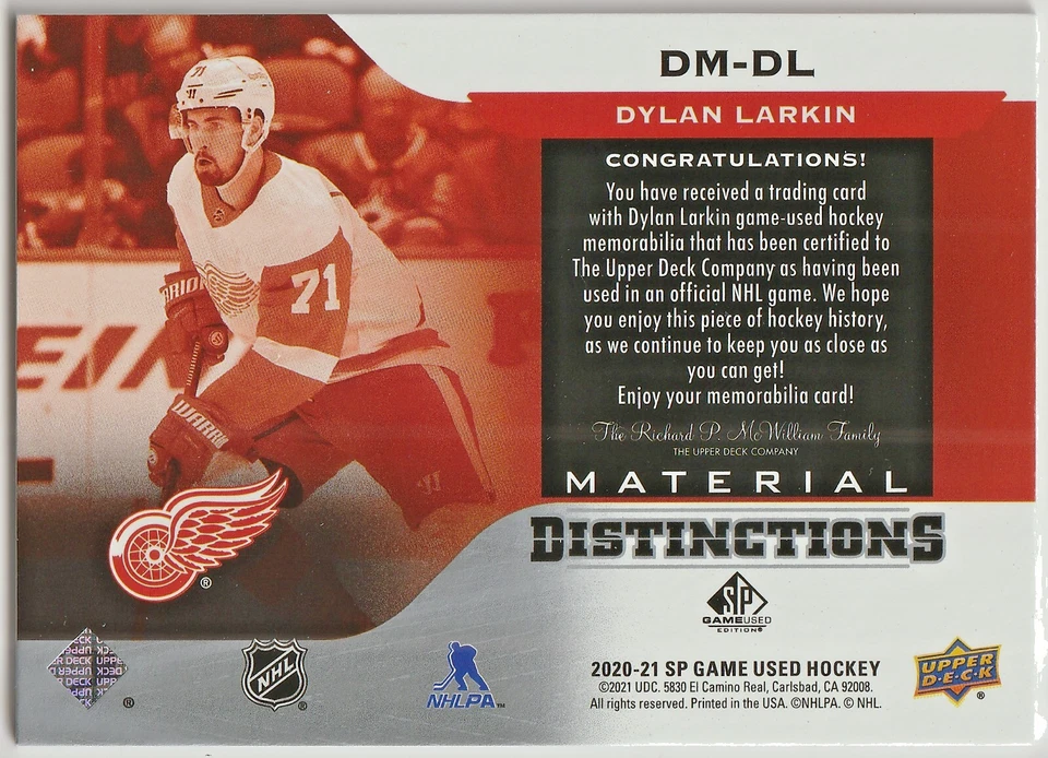 2020-21 UD (SP Game-Used) "Material Distinctions" SP # DM-DL Dylan Larkin! - Image 2 of 2
