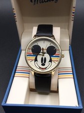 Disney Store Mickey Mouse Gold Tone Black Leather Band Ivory Striped Quartz NIB