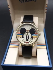 Disney Store Mickey Mouse Gold Tone Black Leather Band Ivory Striped Quartz NIB