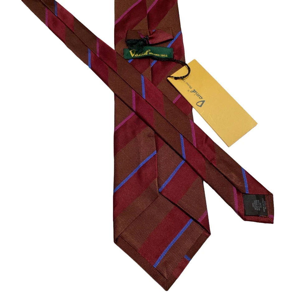 Corbata para hombre DANIEL MILANO 100 % seda diseñador ITALIA RAYAS marrón/borgoña nueva con etiquetas Foto 3 de 3
