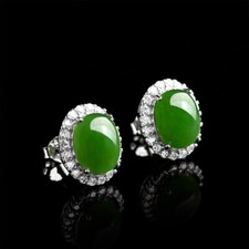 Certified Real 925 Sterling Silver Natural Green A Jade jadeite Stud Earrings