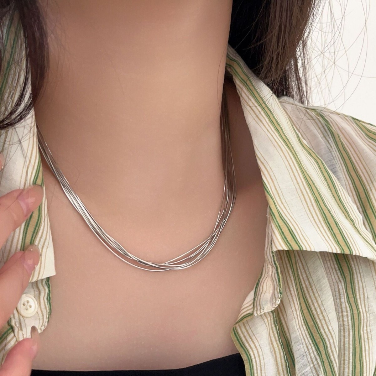 S925 Sterling Silver Multi Strand Chain Necklace, Liquid S925 Sterling Silver Multi Strand Chain Necklace, Liquid