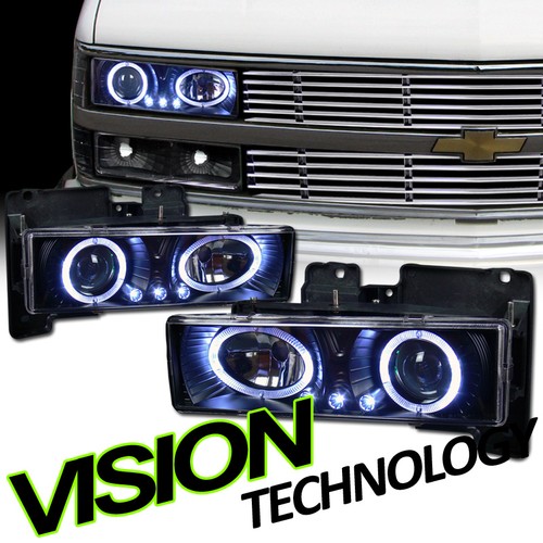 For 88-00 GMC C10 C/K Sierra Black Halo Rims LED Projector Headlights Lamps k2