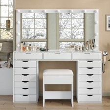 Vanity Desk with Lights, Vanity with Mirror, 15 Drawers and Charging Port