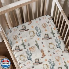 Western Cactus Hats Stars Pattern Baby Sheets for Crib, Unisex Western Theme