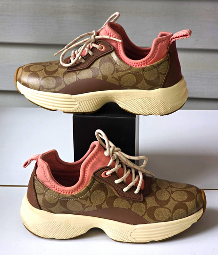 Coach Women’s Signature Logo Brown/Pink Low Top Lace-Up Athletic Sneaker C5774