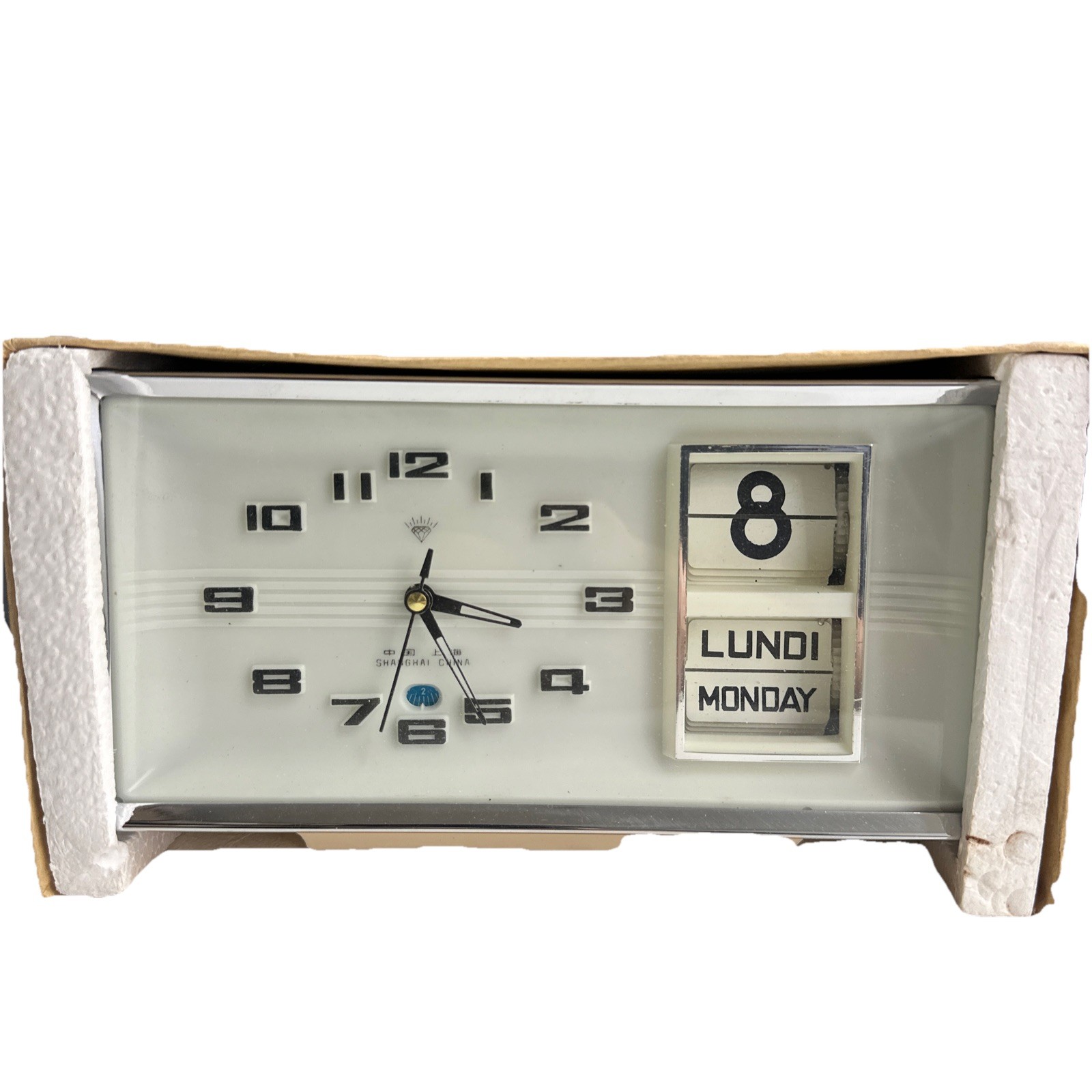 VINTAGE Diamond Mechanical Alarm Clock Flip Calendar Mid Century White Silver