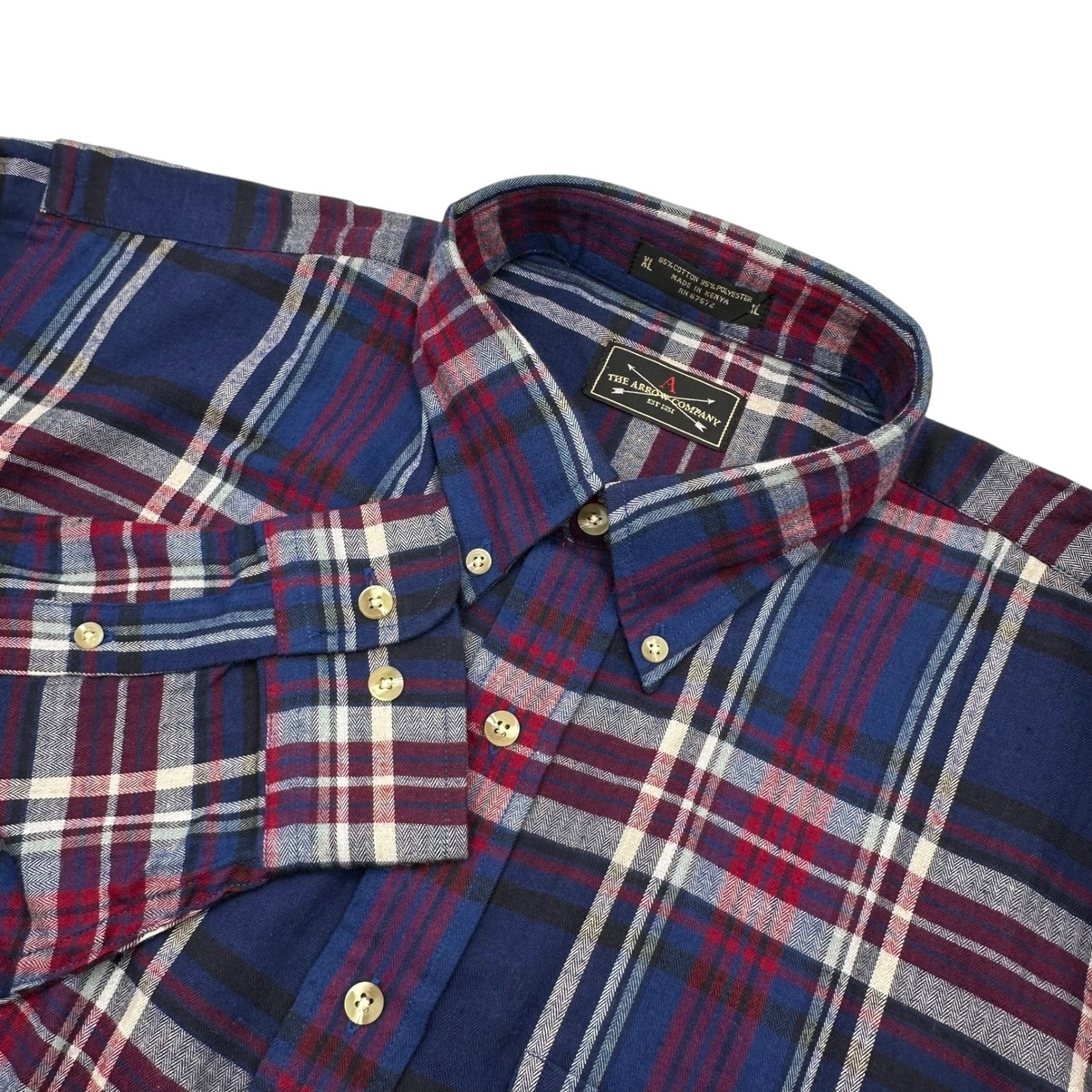 The Arrow Company Mens Size XL Navy Blue Plaid Flannel Long 