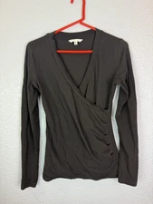 Cabi Wrap Top Womens Medium Black Long Sleeve Ruched Stretch V Neck Shirt