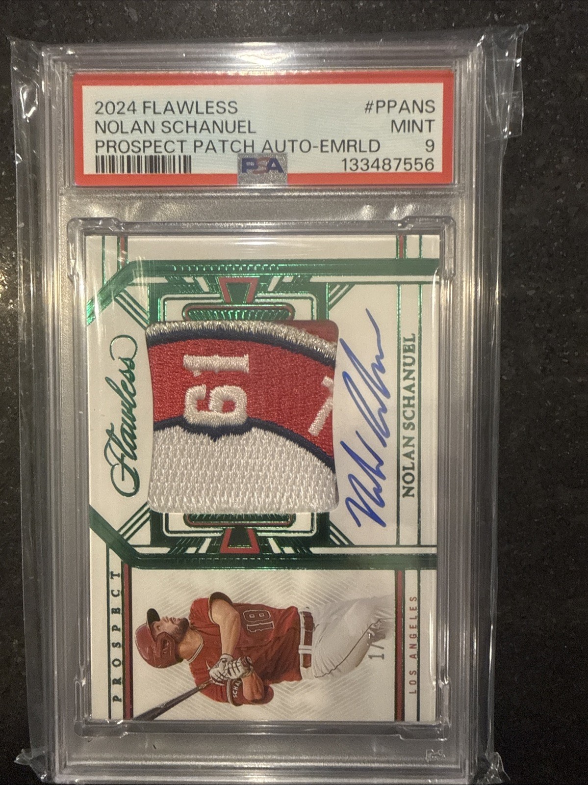 2024 Panini Flawless Nolan Schanuel Angels Logo Patch Auto RPA Emerald #/5