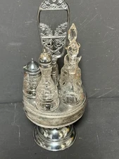ANTIQUE ORNATE Victorian 5 Bottle Castor Cruet Set Silver Plate Stand 18.5"