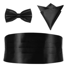 3PCS Mens Formal Set, Black Satin Bow Tie, Cummerbund, Pocket Square, Tuxedo