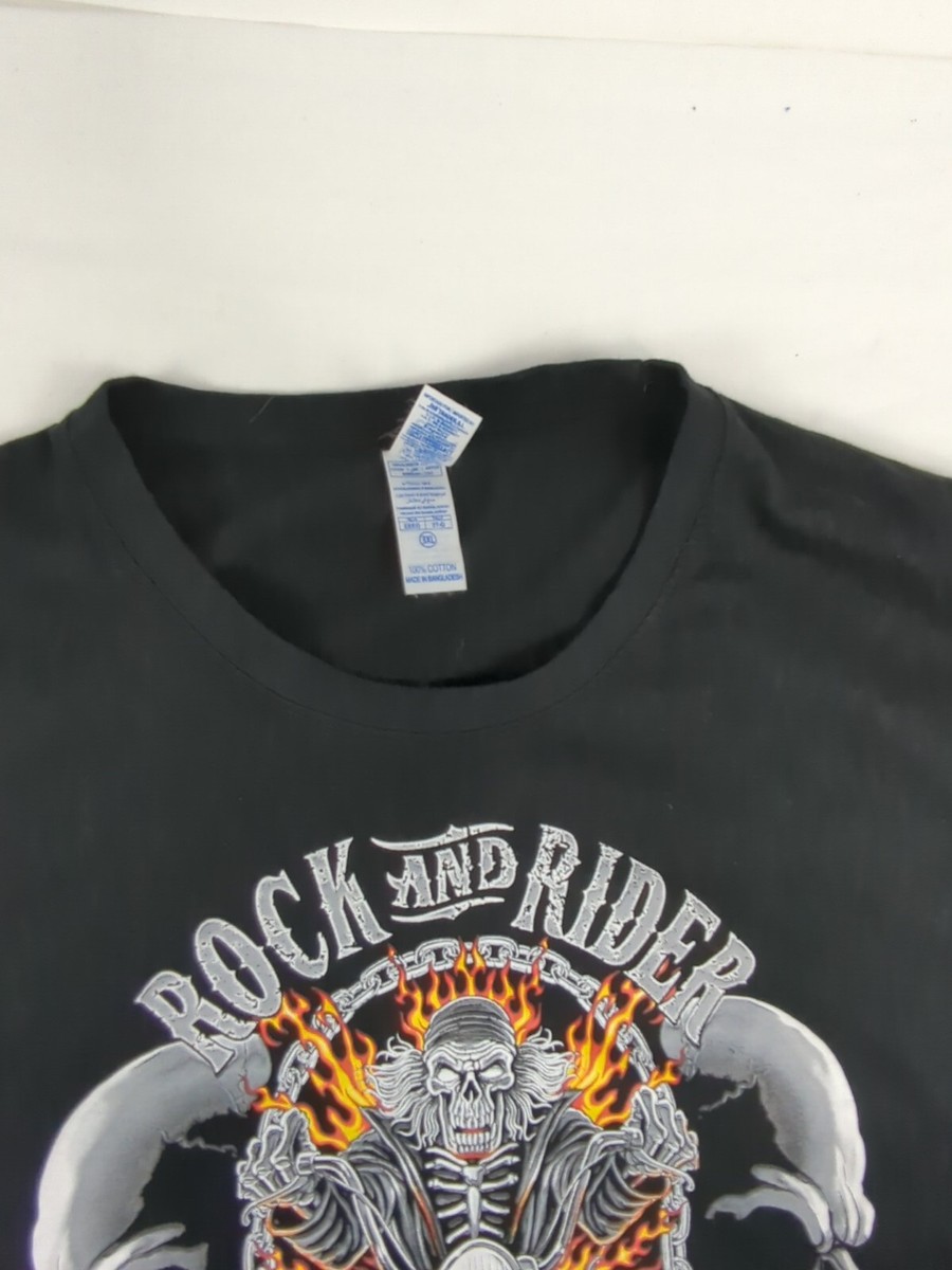 T-shirt Rocks Motorcycle Shop - Taille XL - Noir - Motif Chopper Et Station-service - Marque Fruit Of The Loom - Occasion Très Bon état