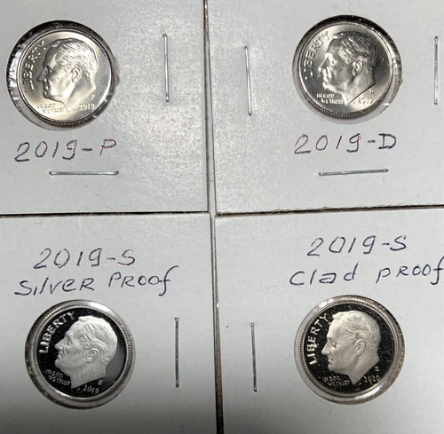 2019 Roosevelt Dime. Lot 4 Coins: Mint P & D Unc. Mint S proof & S silver proof.