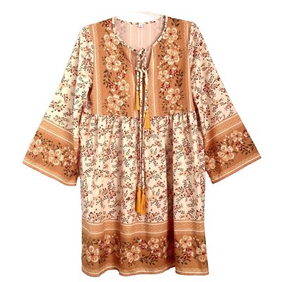 loose peplum dress Made With Love size S Patterned Tunic Dress Loose Peplum Double-Tassel Tie  Boho